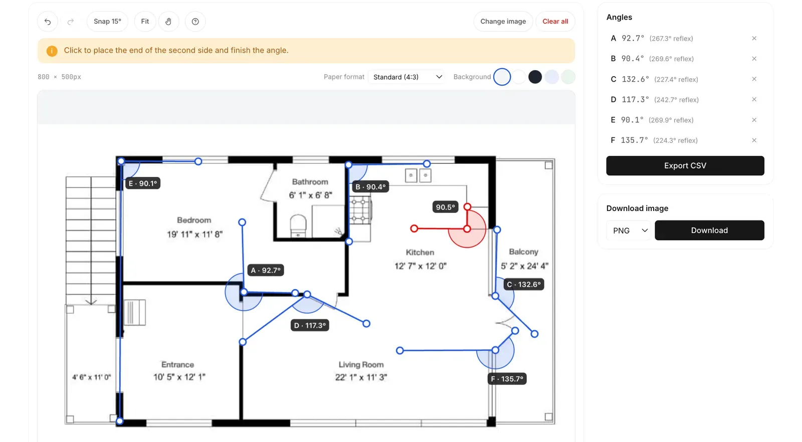 Angle Measurer reading six interior angles on a house floor plan, including a 132.6° balcony corner