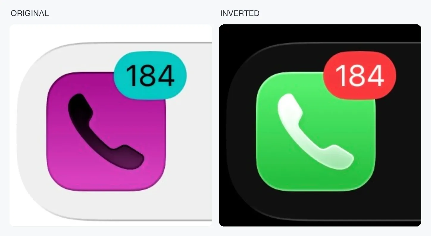 Phone app graphic shown in magenta and cyan original colours beside its green and red inverted version