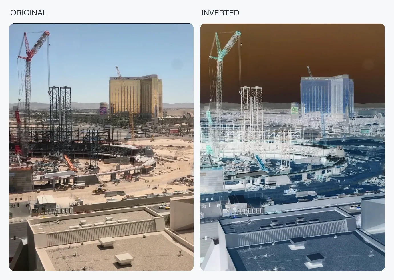 City construction photo shown in original daylight colours beside its inverted colour negative