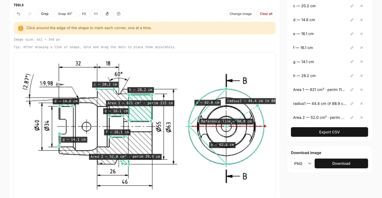 Image measurement tool reading lengths, two shaded areas, and a radius on a mechanical engineering drawing