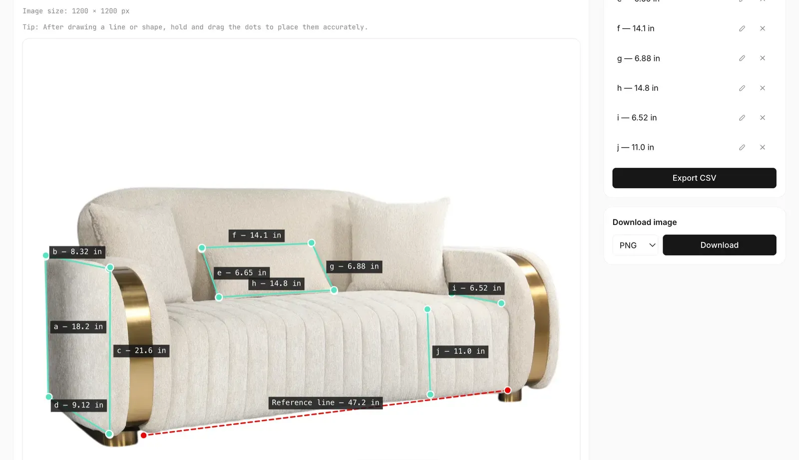Image measurement tool labeling ten dimensions of a sofa in inches, from arm height to seat depth