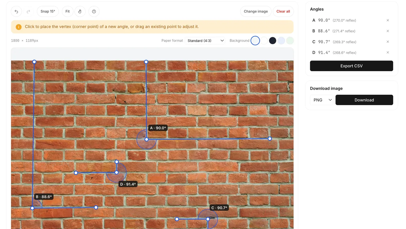 Angle Measurer checking four brick wall corners for square, reading 88.6° to 91.4°