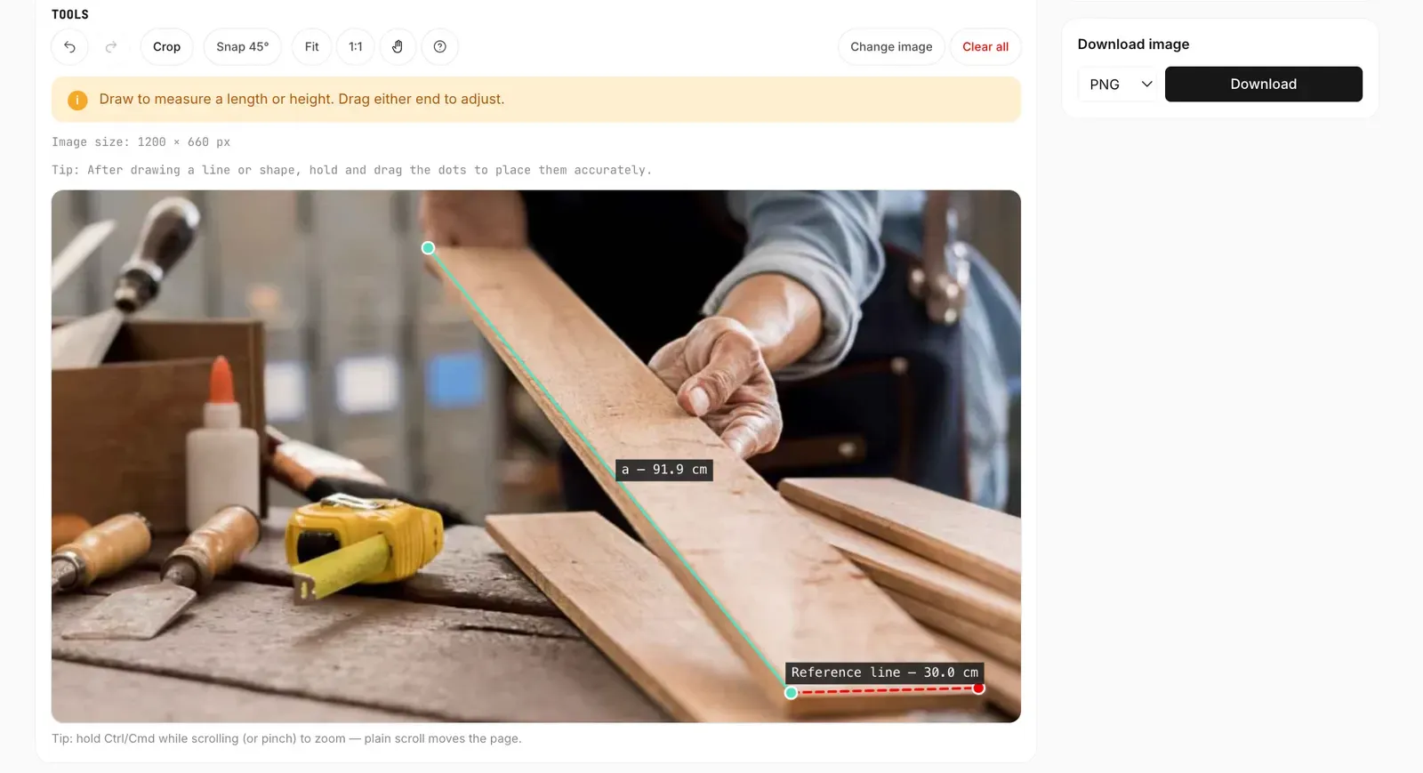 Image measurement tool reading a 91.9 cm plank length against a 30 cm reference line in a woodworking photo